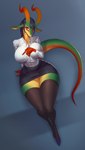 anthro big_breasts black_bottomwear black_clothing black_skirt blue_hair bottomwear breast_squish breasts clothed clothing curvy_figure eyeliner female furgonomics green_ears hair horn huge_breasts legwear long_legs long_neck looking_at_viewer makeup multicolored_body multicolored_horn multicolored_tail nipple_outline non-mammal_breasts orange_eyes panties pupils red_eyeliner simple_background sitting skirt slit_pupils small_waist solo squish tail tail_through_skirt thick_thighs thigh_highs underwear upskirt voluptuous wide_hips heatboom mythology miranda_(heatboom) dragon mythological_creature mythological_scalie scalie 2018 absurd_res digital_media_(artwork) hi_res