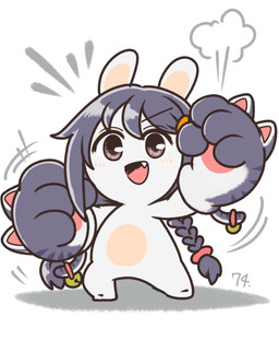 4_fingers alternate_species anthro bangs bent_arm black_eyebrows blue_hair braided_pigtails clothing ear_piercing eyebrow_through_hair eyebrows fangs featureless_crotch featureless_feet feet female female_anthro fingers fist fur furrification gauntlets_(weapon) grey_eyes hair handwear handwear_only lidded_eyes light long_ears long_hair mitten_hands mostly_nude mostly_nude_anthro mostly_nude_female motion_lines multicolored_body noseless number open_mouth open_smile piercing pink_tongue rabbidification red_hair_tie simple_background smile smoke solo standing tan_body tan_eyelids tan_inner_ear tan_skin teeth tongue translucent translucent_hair two_tone_body white_background white_body white_fur charisuke cygames idolmaster idolmaster_cinderella_girls raving_rabbids rayman_(series) ubisoft sana_miyoshi lagomorph mammal rabbid 2024 absurd_res colored crossover digital_drawing_(artwork) digital_media_(artwork) full-length_portrait hi_res japanese_description lighting portrait shaded simple_shading