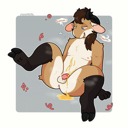 anthro anus bodily_fluids butt desperation flaccid genital_fluids genitals heterochromia hooves horn male nipples nude omorashi peeing penis relieved solo spread_legs spreading urine watersports cockinnit sockonnit bovid caprine goat mammal 1:1 hi_res