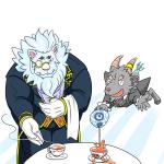 anthro beverage black_body black_fur butler clothing competition duo eyes_closed eyewear fur gloves handwear horn male monocle serving suit tea white_body white_fur urahara3d lifewonders tokyo_afterschool_summoners salomonkun snow_(tas) bovid caprine felid goat lion mammal pantherine 1:1