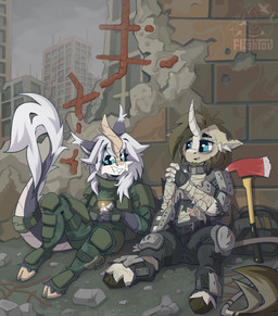anthro armor backpack bandage duo female fire_axe horn lighter male post-apocalyptic scratches smile tail flightov hasbro my_little_pony mythology fan_character valsie dragon equid equine horse kirin mammal mythological_creature mythological_equine mythological_scalie pony scalie unicorn absurd_res hi_res