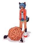 annoyed anthro blue_hair bottomwear clothing dipstick_limbs dolphin_shorts female hair jacket long_arms looking_down shirt shorts simple_background solo standing tail topwear white_background dlrowdog brand_new_animal studio_trigger michiru_kagemori canid canine mammal raccoon_dog tanuki 2020 5:6 hi_res