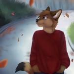 1:1 2015 anthro autumn blue_eyes brown_body brown_fur canid canine canis clothed clothing coyote falling_leaves fur grass hand_in_pocket hands_in_both_pockets hi_res looking_away male mammal nayel-ie outside plant pockets smile solo standing sweater topwear