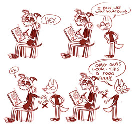 4_panel_comic anthro block bottomwear breasts chair clothing converse_shoes creating_art denim denim_bottomwear denim_clothing drawing_(action) drawing_(object) drawing_in_a_drawing duo fangs female fur furniture hair half-closed_eyes humor jeans male markings narrowed_eyes on_chair open_mouth open_smile pants ponytail shirt simple_background sitting sitting_on_chair smile spots spotted_body spotted_fur t-shirt teeth text topwear white_background cadaverrdog converse canid canine canis dalmatian domestic_dog mammal english_text hi_res monochrome red_and_white andromorph_(lore) trans_(lore) trans_man_(lore)