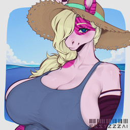 anthro beach big_breasts blonde_hair blue_eyes blush breasts clothing female fur hair hat headgear headwear huge_breasts looking_at_viewer one-piece_swimsuit pink_body purple_body smile solo straw_hat striped_body stripes swimwear topwear essyzzzai equid equine horse mammal 1:1 digital_media_(artwork) hi_res