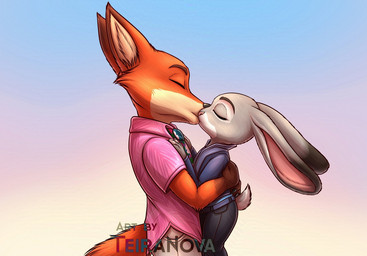 anthro bottomwear clothing collared_shirt dress_shirt duo eyes_closed female fur grey_body grey_fur jacket kissing male multicolored_body multicolored_fur necktie orange_body orange_fur pants shirt topwear two_tone_body two_tone_fur teiranova disney zootopia judy_hopps nick_wilde canid canine european_rabbit fox lagomorph leporid mammal oryctolagus rabbit red_fox true_fox 2025 digital_media_(artwork)