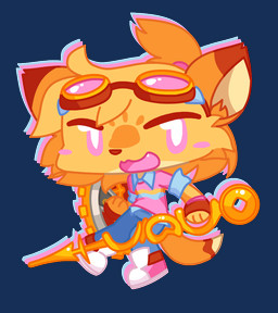 ambiguous_gender anthro biped blue_clothing bottomwear brown_body brown_clothing brown_fur chibi clothing eyewear fangs footwear fur goggles hair holding_object holding_shield holding_weapon open_mouth open_smile orange_body orange_clothing orange_fur orange_hair paws pink_clothing pink_eyes shield smile smiling_at_viewer solo tan_body tan_fur teeth topwear weapon yonkagor canid canine fox mammal 2021 alpha_channel