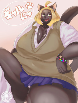 alternative_fashion anthro big_breasts black_body black_fur black_nose blonde_hair bottomwear bracelet breasts clothing female female_anthro fur glistening glistening_breasts gyaru hair huge_breasts j-fashion jewelry kogal monotone_body monotone_fur obese open_mouth overweight panties penis_shape purple_bottomwear purple_clothing purple_skirt raised_tail school_uniform short_hair simple_background sitting skirt smile solo tail tan_background text thick_thighs underwear uniform white_clothing white_panties white_underwear sasanoha6011 domestic_cat felid feline felis mammal hi_res japanese_text translated