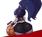 ball basketball_(ball) basketball_shorts big_butt big_hair black_bottomwear black_clothing black_shorts black_topwear blue_body blue_fur blue_hair bottomwear butt clothing crop_top eyelashes female fur glistening glistening_bottomwear glistening_clothing glistening_shorts grey_body grey_fur hair huge_butt humanoid_pointy_ears looking_at_viewer looking_back looking_back_at_viewer pigtails pupils rear_view red_eyes shirt short_stack shorts simple_background sitting slit_pupils snaggle_tooth solo sportswear thick_thighs tight_bottomwear tight_clothing tight_shorts topwear twintails_(hairstyle) white_background wide_hips nightlydayart league_of_legends riot_games tencent noxus_poppy_(lol) poppy_(lol) humanoid yordle hi_res