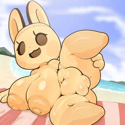 anthro areola beach big_areola big_breasts blue_sky breasts empty_eyes eyelashes featureless_legs female female_anthro genitals glistening glistening_areola glistening_breasts glistening_genitalia glistening_legs glistening_nipples glistening_thighs glistening_vulva lying navel nipples nude nude_anthro nude_female on_side open_:3 open_mouth open_smile outside plump_labia sea sky smile solo spread_legs spreading tan_areola tan_body tan_breasts tan_ears tan_nipples tan_vulva thick_thighs vulva water wide_hipped_anthro wide_hipped_female wide_hips mr_slow animal_crossing nintendo coco_(animal_crossing) gyroid lagomorph leporid mammal rabbit 1:1 2026 digital_media_(artwork) hi_res