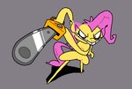 anthro black_eyes chainsaw female fur grey_background grin hair half-closed_eyes holding_melee_weapon holding_object holding_weapon long_hair mane melee_weapon narrowed_eyes pink_hair pink_mane pink_tail pose power_tool simple_background smile solo standing tail teeth three-quarter_view tools weapon wings yellow_body yellow_fur yellow_nose yellow_wings superiorfox friendship_is_magic hasbro my_little_pony mythology fluttershy_(mlp) equid equine mammal mythological_creature mythological_equine pegasus 2025 digital_media_(artwork)