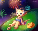 asian_clothing blue_eyes clothing east_asian_clothing female fireworks footwear fur geta japanese_clothing open_mouth pawpads sandals shoes solo tan_body tan_fur whywhyouo dnaxcat domestic_cat felid feline felis mammal 2014 hi_res