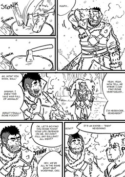 armor axe dialogue male melee_weapon snow text weapon husky92 european_mythology greek_mythology mythology bovid bovine deer humanoid mammal minotaur orc black_and_white comic english_text hi_res monochrome multiple_scenes