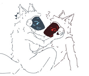 bedroom_eyes big_breasts blue_face blush blush_lines breasts cupping_cheek duo female fluffy heart_symbol inner_ear_fluff looking_at_another machine male male/female narrowed_eyes question_mark red_face seductive simple_background sitting_on_another tuft white_background yu67 lapis_(yu67) pixls_(yu67) protogen 2025 sketch