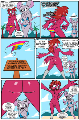 anthro balls beach big_butt bikini bikini_bottom biped blush bodypaint breasts butt clothed clothed/nude clothing dialogue duo exhibitionism female female_anthro femboy flaccid genitals lgbt_pride male male/female male_anthro nude only_one_nude outdoor_nudity outside pansexual_pride_colors penis pride_colors public public_nudity small_penis small_penis_appreciation smile streaking swimwear text two-piece_swimsuit undressing birbpan lgbt_pride_month pan_(birbpan) trish_(birbpan) avian mammal murid murine rat rodent absurd_res comic english_text hi_res trans_(lore) trans_woman_(lore)