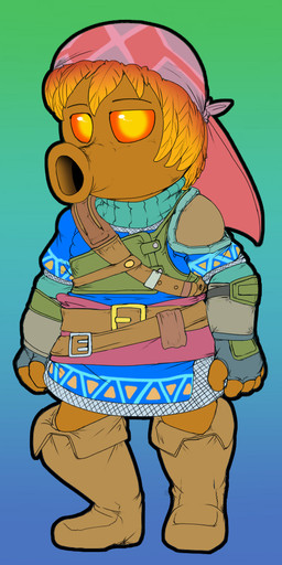 anthro armor belt boots chainmail clothing fingerless_gloves footwear gloves handwear kerchief leaf leaf_hair male plant plant_hair pseudo_hair shirt shoes shoulder_pads solo topwear kitsune_youkai breath_of_the_wild nintendo the_legend_of_zelda hunter_of_the_wilds deku_(tloz) deku_scrub elemental_creature flora_fauna