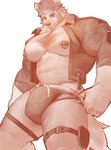 anthro big_muscles big_pecs bulge chest_tuft clothing eyebrows fluffy fluffy_tail huge_muscles huge_pecs looking_at_viewer male muscular muscular_anthro muscular_male nipple_piercing nipple_ring nipples pecs piercing ring_piercing solo tail teasing thick_eyebrows thigh_strap thong tight_clothing tuft underwear doooo2424 canid canine canis mammal wolf hi_res monochrome