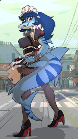 5_fingers anthro arm_fin big_breasts big_tail blue_body blue_hair blue_scales breasts claws clothing cosplay dorsal_fin dress eyelashes female fin finger_claws fingers footwear hair hand_on_hip high_heels legwear long_hair long_tail looking_at_viewer medium_breasts multicolored_body multicolored_scales non-mammal_breasts outside pantyhose red_eyes scales sharp_teeth shoes smile snout solo tail tail_fin teeth two_tone_body two_tone_scales sahara_congo_bongo mihoyo zenless_zone_zero ellen_joe valerie_(mellowcapsaicin) fish marine shark 2025 9:16 digital_drawing_(artwork) digital_media_(artwork) hi_res