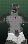 abs anthro army army_outfit army_uniform balls bare_chest biceps bottomwear bottomwear_around_legs bottomwear_down boxers_(clothing) camo camo_bottomwear camo_clothing camo_pants camo_print camo_shirt camo_topwear clothed clothing clothing_around_legs clothing_lift clothing_pull cocky cocky_smile dog_tags dominant dominant_anthro dominant_male exposed_chest eye_scar facial_scar fangs fingers flirting flirting_look flirting_with_viewer fur genitals green_background green_bottomwear green_clothing green_pants green_shirt green_topwear grey_body grey_boxers grey_clothing grey_fur grey_underwear imminent_oral imminent_sex looking_at_viewer male manly markings military military_clothing military_pants military_uniform muscular muscular_anthro muscular_male offering_oral offering_sex pants pants_around_legs pants_down partially_clothed pattern_bottomwear pattern_clothing pattern_pants pattern_shirt pattern_topwear pecs penis penis_poking_out presenting raised_clothing raised_shirt raised_topwear red_eyes scar seducing_viewer seductive shirt shirt_lift showing_off_muscles simple_background soldier soldier_uniform solo spots spotted_body spotted_fur teeth topwear underwear underwear_down underwear_pull uniform warrior johnfreak hyena mammal spotted_hyena digital_media_(artwork) hi_res