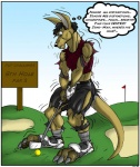 3_toes anthro ball biped black_hair black_nose bottomwear claws clothed clothing day feet flag flag_(object) footwear fur gloves golf golf_ball golf_club golf_course grass green_eyes hair handwear hindpaw holding_golf_club holding_object inner_monologue iron_(golf) legwear long_ears looking_down male midriff motion_lines motion_outline muscular muscular_anthro muscular_male number outside pants paws plant planted_sign playing_sport rank repeated_internal_monologue repeated_text sand shaking shirt shoes short_hair sign signpost sky socks solo sport standing tail tan_body tan_fur text thinking thought_bubble toes topwear torn_clothing transformation trembling wood wood_sign black-rat kangaroo macropod mammal marsupial english_text