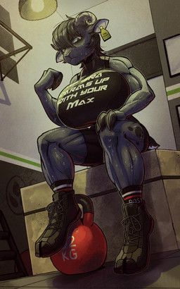 3_fingers angry anthro big_breasts biped black_hair bodily_fluids breasts ceiling_tiles clothed clothed_anthro clothed_female clothing ear_piercing ear_tag female female_anthro fingers footwear fully_clothed fully_clothed_anthro fully_clothed_female furgonomic_footwear furgonomics glaring_at_viewer green_eyes gym hair handwear hooved_fingers hooves horn huge_breasts kettlebell leaning low-angle_view muscular muscular_anthro muscular_female philtrum piercing pose print_clothing print_shirt print_t-shirt print_topwear shirt shoelaces shoes sneakers snout socks solo sweat sweatdrop t-shirt text text_on_clothing text_on_topwear thick_thighs topwear wide_hips wood workout_clothing goocasden hugo_boss_(brand) sable_kozlova_(heroicones) bovid caprine goat mammal 5:8 hi_res russian_text