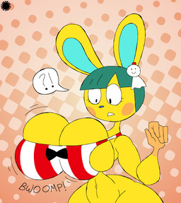 4_fingers anthro bar_emanata big_breasts blue_nose bow_tie breast_expansion breast_squish breasts cheek_markings clothing crop_top curvy_figure emanata expansion eyelashes facial_markings female fingers fur gloves_(marking) green_hair hair halftone_background head_markings interrobang logo looking_at_breasts looking_at_own_breasts looking_at_self markings navel onomatopoeia pattern_background shirt simple_background solo sound_effects speech_bubble spherical_breasts squish teru_teru_bozu text topwear wide_hips yellow_body yellow_fur thatdawgmurray animal_crossing nintendo sanrio toby_(animal_crossing) lagomorph leporid mammal rabbit aliasing artist_logo artist_name digital_media_(artwork) halftone hi_res signature busty_boy_(lore)