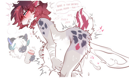 anthro belly big_belly bodily_fluids cum cum_in_vagina cum_inflation cum_inside cum_spurt curved_horn dialogue duo excessive_cum excessive_genital_fluids featureless_chest female flat_chested fluffy fluffy_chest genital_fluids hair hair_over_eyes heart_symbol horn inflation male male/female non-euclidean_sex penetrable_sex_toy portal_fleshlight portal_sex red_hair sex sex_toy side_view text thinking_with_portals swaybat swaybat_(oc) bovid canid canine caprine mammal sheep 2026 english_text hi_res