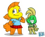 anthro anthrofied bottomwear clothing collared_shirt duo female fin male pattern_bottomwear pattern_clothing pattern_skirt plaid plaid_bottomwear plaid_clothing plaid_skirt shirt shorts size_difference skirt topwear vest young kingheron freddi_fish_(series) humongous_entertainment freddi_fish luther_(freddi_fish) fish marine 11:9 digital_media_(artwork) shaded simple_shading