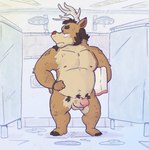 anthro balls erection facial_hair genitals humanoid_genitalia humanoid_penis male navel nipples nude penis plantigrade shower slightly_chubby slightly_chubby_male solo standing buffalonickels deer mammal hi_res