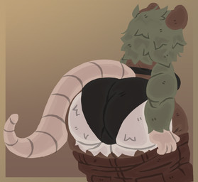 ambiguous_gender anthro big_butt big_tail bra brown_body brown_fur bulge butt chubby_arms clothing fur green_hair hair huge_butt hyper hyper_butt overweight pulling_down_shorts rear_view slightly_chubby solo tail underwear white_body white_fur lou_pancake basil_(lou_pancake) hi_res nonbinary_(lore)