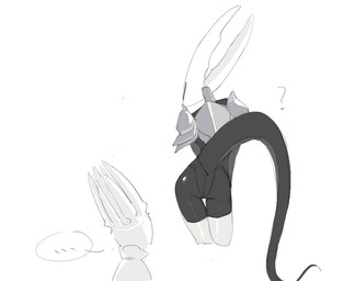 2_horns ambiguous_gender anthro armor butt clothing duo ellipsis featureless_butt horn legwear long_tail pseudo_clothing question_mark raised_tail rear_view shoulder_guards simple_background speech_bubble tail tapering_tail thigh_highs white_background milktea25424633 hollow_knight_(franchise) team_cherry hollow_knight_(character) pale_king_(hollow_knight) pure_vessel_(hollow_knight) vessel_(species) 2025 chinese_description digital_drawing_(artwork) digital_media_(artwork) shaded father_(lore) father_and_child_(lore) male_(lore) parent_(lore) parent_and_child_(lore)