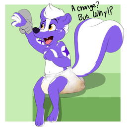 anthro bodily_fluids clothed clothing diaper diaper_only feces front_view genital_fluids male sitting soiled soiled_diaper soiling solo topless unclean_diaper urine used_diaper wearing_diaper wet_diaper young baltnwolf mammal mephitid skunk 1:1 digital_media_(artwork) hi_res