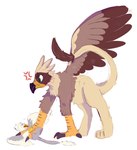 annoyed avian_feet beak brown_body duo feathered_wings feathers feet female feral fur male micro paws pinned pinned_by_foot pinned_to_ground size_difference talons toes wings yellow_body spookyfoxes mythology der serilde avian gryphon mythological_avian mythological_creature hi_res