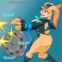 anthro bare_legs black_clothing black_hat black_headwear black_leotard blue_necktie boots cleavage_cutout clothing cutout exposed_back female fingerless_gloves footwear fur gloves gun hair handwear hat headgear headwear high_heeled_boots high_heels leotard long_ears machine_gun multicolored_body multicolored_fur necktie officer_uniform open_mouth orange_eyes orange_hair ranged_weapon shoes shooting smile solo tan_body tan_fur thong_leotard two_tone_body two_tone_fur uniform weapon lyonley sega sonic_the_hedgehog_(series) vanilla_the_rabbit lagomorph leporid mammal rabbit 1:1