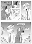 absurd_res ambiguous_gender anthro black_and_white bottle canid canine clothed clothing comic container dialogue drinking duo ear_piercing english_text fox hi_res hood inner_ear_fluff kif_yppreah kifyun2 male mammal monochrome piercing plant scientist(undying_void) simple_background sound_effects speech_bubble text tuft