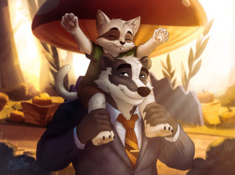 3_toes 5_fingers accessory anthro bottomwear carrying_another clothing duo eyes_closed feet fingers male necktie outside paws piggyback shirt shorts smile suit toes topwear young nickdrawing beastly_crimes beastly_crimes_(2024) badgercat chief_badger badger domestic_cat felid feline felis mammal mustelid musteline 2026 hi_res