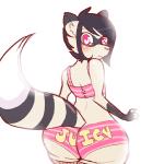 anthro big_butt butt clothed clothing crossdressing femboy fishnet_clothing heart_symbol legwear male panties pattern_clothing pattern_underwear rear_view simple_background solo stockings striped_clothing striped_underwear stripes text underwear white_background wide_hips y2k_(fashion) ittybittyshark juicy_couture yanni mammal procyonid raccoon 1:1 english_text