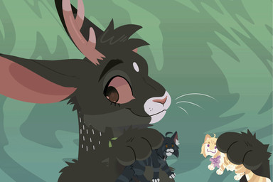ambiguous_gender anthro antlers black_eyebrows bow_tie brown_antlers brown_eyes brown_inner_ear brown_nose brown_sclera dot_eyes extreme_size_difference eyebrows eyelashes feral fur green_background green_bow_tie grey_body grey_fur group head_tuft holding_another horn simple_background simple_eyes size_difference smile trio tuft whisker_spots whiskers white_whiskers yellow_body yellow_fur jaspering now_kiss domestic_cat felid feline felis jackalope lagomorph mammal 2024 2d_animation animated lineless motion_tweening shaded short_playtime