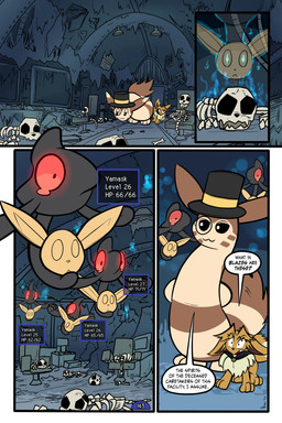 4_panel_comic ambiguous_gender black_body black_cape black_clothing black_eyes black_text bone brown_body brown_fur brown_hair cape chair clothing dialogue ellipsis eyebrows eyelashes eyewear feral fluffy fluffy_tail fur furniture group hair hat headgear headwear inner_ear_fluff male mask monocle mouth_closed page_number paws quadruped question_mark skull speech_bubble standing tail talking_to_another text text_box toony top_hat translucent translucent_hair tuft white_sclera white_text virmir nintendo pokemon pokemon_mystery_dungeon spike_chunsoft virmir_(character) eevee furret generation_1_pokemon generation_2_pokemon generation_5_pokemon mammal pokemon_(species) spirit yamask 2:3 absurd_res comic english_text hi_res signature male_(lore)