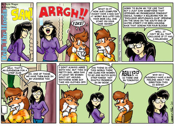 angry anthro black_hair black_nose breasts brown_hair chair chest_tuft coffee_cup container cup dialogue dipstick_ears duo ear_markings female fur furniture hair inside multicolored_ears orange_body orange_fur text tuft style_wager dela_the_hooda dela_aldershaw sue_chan_(dela_the_hooda) canid canine fox hooda human mammal 2005 comic english_text