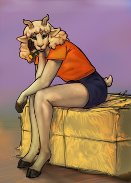 anthro bottomwear clothing female fur hand_on_head hay hay_bale hooves horn looking_at_viewer object_in_mouth orange_clothing orange_shirt orange_topwear shirt shorts sitting solo topwear wool_(fur) flintchips bovid caprine mammal sheep hi_res