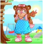 anthro bandage bodily_fluids border cloud eyewear female glasses grass plant sky solo splinters sun swing tears white_border young priddy bear mammal hi_res