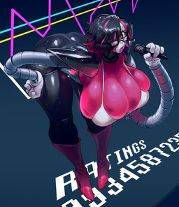 5_fingers big_breasts breasts cleavage clothed clothing crossgender electronics eyewear female fingers glasses glistening glistening_body glistening_clothing hair hair_over_eye huge_breasts lipstick machine makeup microphone not_furry one_eye_obstructed short_hair solo text eigaka undertale undertale_(series) mettaton mettaton_ex android humanoid robot hi_res