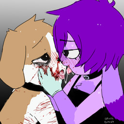 anthro black_collar blood blood_on_face blush bodily_fluids brown_body brown_fur collar crying duo fur hair making_out male purple_body purple_fur purple_hair saliva tears white_body white_fur wounded bravobunny canid canine canis domestic_dog lagomorph leporid mammal rabbit