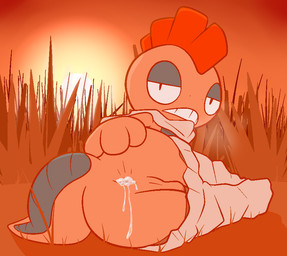 3_fingers after_sex anthro anus backsack balls black_eyes bodily_fluids bottomwear bottomwear_down bubble butt clothed clothing cum cum_bubble cum_fart cum_from_ass cum_in_ass cum_inside cum_on_butt fingers genital_fluids genitals grass half-closed_eyes leaking leaking_cum looking_at_viewer looking_back lying male mohawk narrowed_eyes orange_body outside pants pants_down partially_clothed perineum plant presenting presenting_hindquarters solo spread_butt spreading sunset junebug69 nintendo pokemon generation_5_pokemon pokemon_(species) scrafty 2017