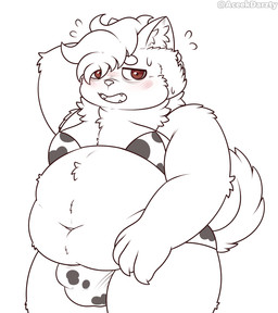 4_fingers anthro belly belly_overhang belly_rolls big_belly blush blush_lines bodily_fluids briefs bulge claws clothed clothing cow_print_bra cow_print_briefs crossdressing curled_tail deep_navel detailed_bulge embarrassed eyebrows fangs finger_claws fingers flying_sweatdrops fur hair hand_behind_head inner_ear_fluff kemono looking_at_viewer male moobs navel neck_tuft obese obese_anthro obese_male open_mouth overweight overweight_anthro overweight_male pupils red_eyes short_hair simple_background snout solo standing sweat sweatdrop tail teeth text thick_thighs tongue tuft underwear underwear_only white_background aceekdarzty conditional_dnp roy_ace_(aceekdarzty) canid canine canis domestic_dog mammal shiba_inu spitz 2026 artist_name digital_media_(artwork) hi_res portrait sketch spot_color three-quarter_portrait