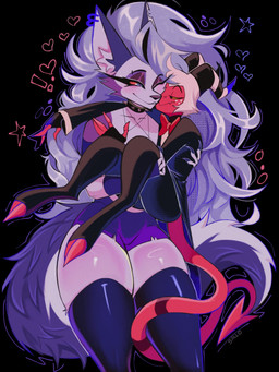 2_horns anthro black_background black_nose bottomwear bow_tie clothed clothing cloven_hooves collar colored_nails duo ear_piercing ear_ring eyebrow_piercing eyebrows eyelashes eyeshadow facial_piercing female freckles fully_clothed fur grey_body grey_fur grey_hair hair heart_symbol hooves horn inner_ear_fluff larger_female legwear long_eyelashes long_hair makeup male male/female multicolored_body multicolored_fur nails narrowed_eyes notched_ear one_eye_closed piercing purple_nails red_body red_sclera red_skin ring_piercing shirt shorts simple_background size_difference smaller_male smile spade_tail spiked_collar spikes tail tank_top text thick_thighs thigh_highs topwear torn_clothing tuft two_tone_body two_tone_fur white_body white_fur yellow_sclera sallo hellaverse helluva_boss mythology loona_(helluva_boss) moxxie_(helluva_boss) canid canid_demon canine demon hellhound humanoid imp mammal mythological_canine mythological_creature 2025 3:4 artist_name hi_res