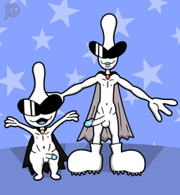 balls cape clone clothing duo erection eyewear footwear footwear_only genitals glasses humanoid_genitalia humanoid_penis male male/male mostly_nude mostly_nude_humanoid mostly_nude_male nipples nude penis simple_background sunglasses lewdware nintendo warioware orbulon alien humanoid 2022 colored digital_drawing_(artwork) digital_media_(artwork) hi_res shaded signature