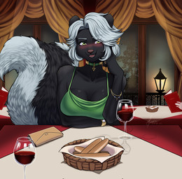alcohol anthro beverage big_breasts big_tail black_body black_fur blush bread breasts clothing date_pov dinner female food fur green_eyes jewelry looking_at_viewer olive_garden_unlimited_breadsticks purse smile solo tail wine zcorpionwulf combat_cat_studio wild_assault marquez_(wild_assault) mammal mephitid skunk absurd_res hi_res