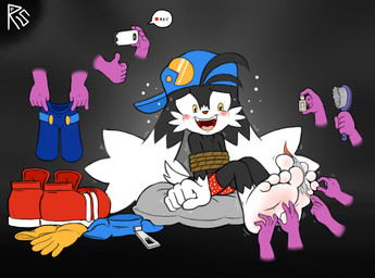 4_toes 5_fingers anthro bdsm black_background black_body black_fur blue_bottomwear blue_clothing blue_hat blue_headwear blue_pants blue_shirt blue_topwear blush bodily_fluids bondage bottomwear bound briefs briefs_only brush cellphone cheek_tuft clothed clothing crying_laughing curling_toes cute_fangs dipstick_ears dipstick_tail discarded_clothing discarded_footwear disembodied_hand ear_markings electronics emanata facial_tuft fangs feathers feet fingers foot_fetish foot_focus foot_play footwear fur gesture gloves gloves_(marking) gloves_removed group hand_gesture handwear hat headgear headwear holding_bottomwear holding_cellphone holding_clothing holding_object holding_pants holding_phone holding_smartphone humiliation humiliation_fetish laugh leg_markings looking_down male markings massage_oil motion_lines multicolored_ears open_mouth pants phone recording recording_video red_clothing red_footwear red_shoes restraints rope rope_bondage shirt shoes shoes_removed simple_background sitting sitting_on_pillow smartphone socks_(marking) speech_bubble tail tail_markings tears teeth teeth_showing text thumbs_up tickle_fetish tickle_torture tickling tickling_feet toes topless topwear tuft underwear underwear_only undressed undressing white_body white_fur white_sclera yellow_clothing yellow_eyes yellow_gloves yellow_handwear young young_anthro young_male zipper zipper_pull_tab zipper_topwear repulsion_switch_(artist) bandai_namco klonoa_(series) klonoa domestic_cat felid feline felis hybrid lagomorph leporid mammal rabbit english_text signature